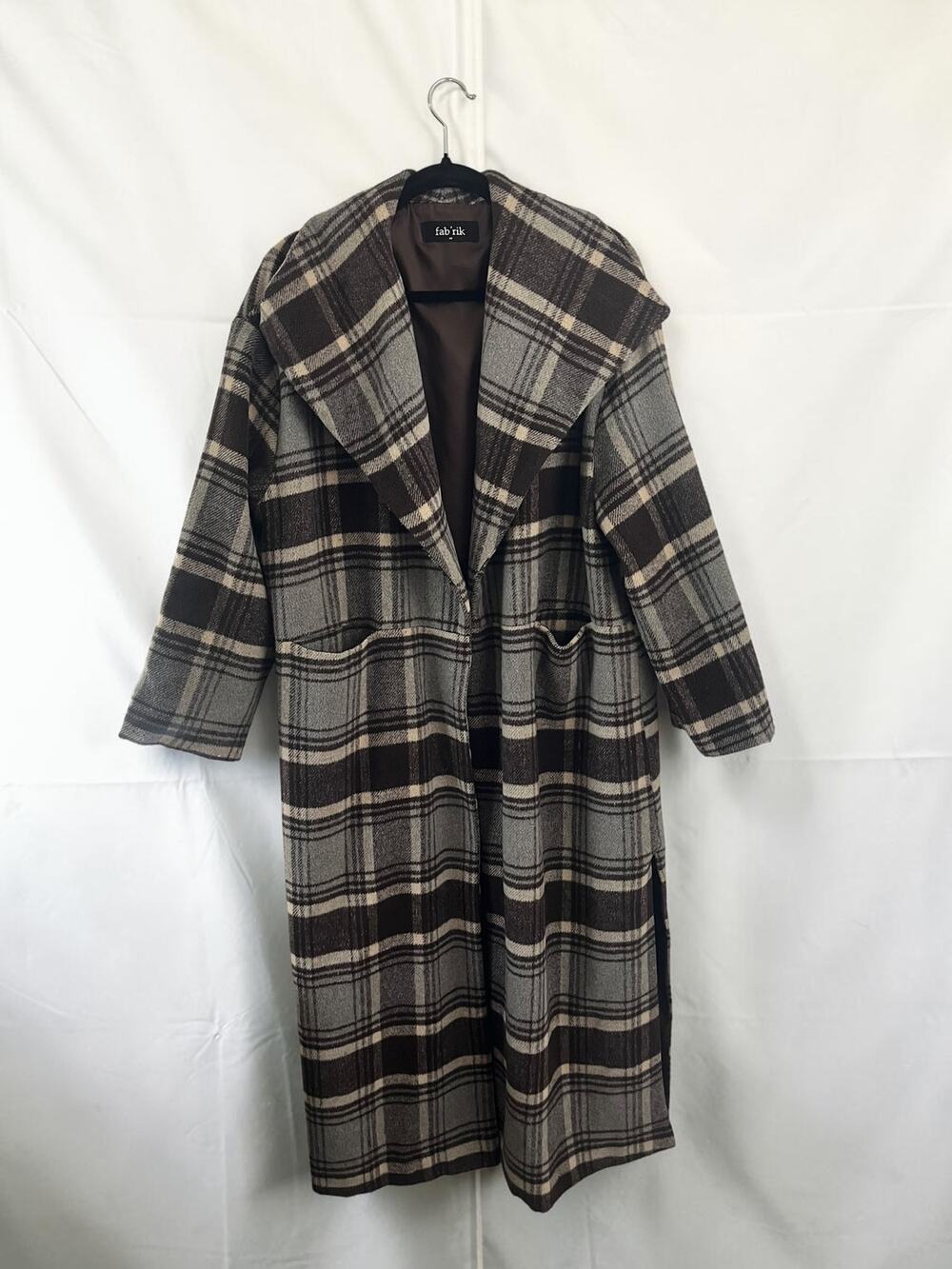 fab'rik Plaid Wool Duster Coat Brown Gray Long Open Oversized Size M Cottagecore